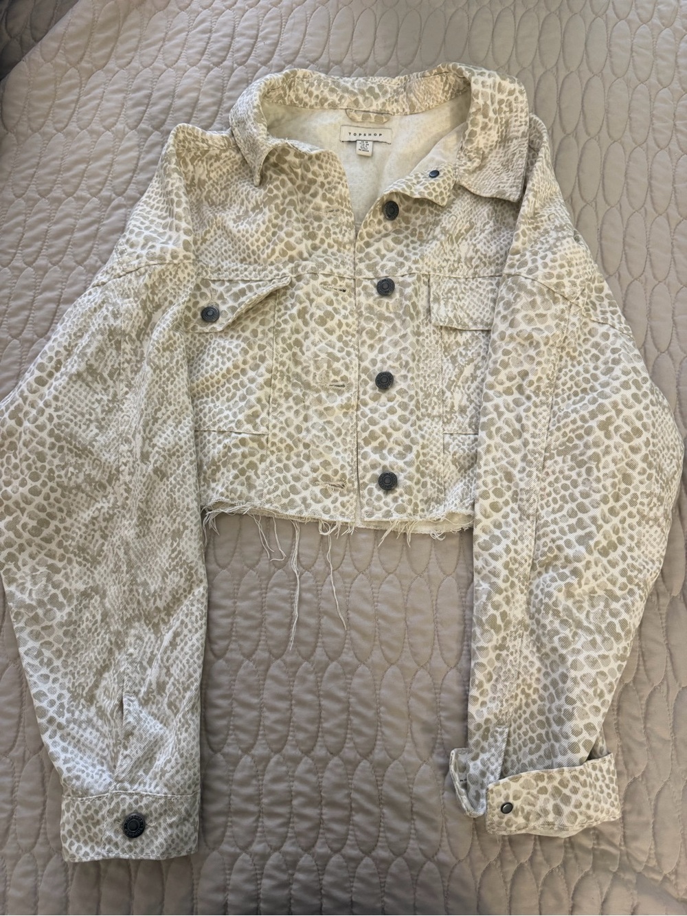 Topshop Neutral Snake-Print Cropped Denim Jacket